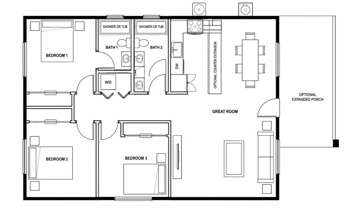 County 1,200 floor plan, simplified redraw